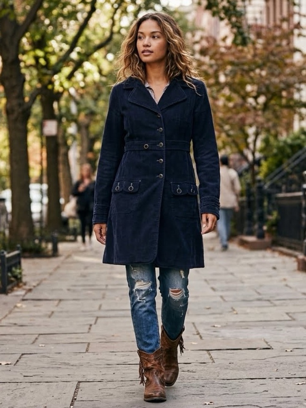 Free People Vintage Navy Blue Corduroy Mid-Length Coat – Size 8